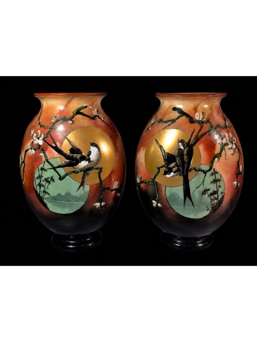 Antique Baccarat Daum Galle Opaline Art Glass Vase Set Love Bird Apple Blossom